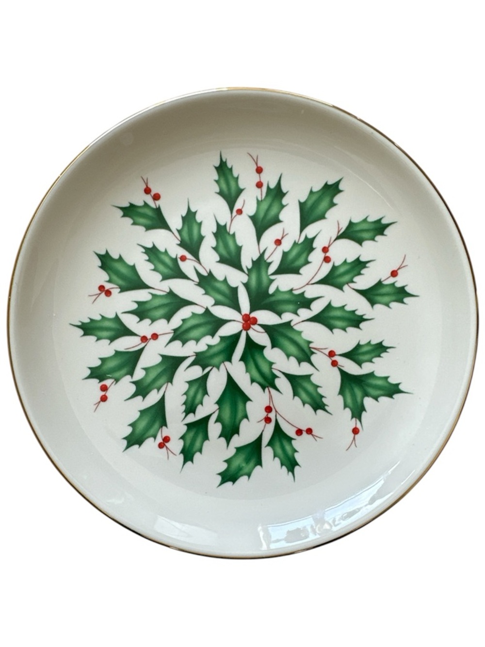 Lenox Holiday Green Holly White Cheese Plate Gold Rim Festive Christmas Decor